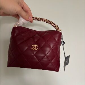 Mini Quilted Top-Handle Bag in Burgundy with Gold Hardware
